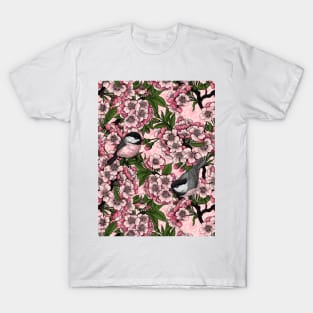 Cherry blossom and chickadees on pink T-Shirt